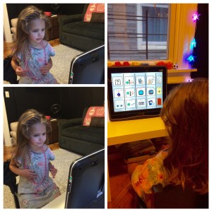  Here Lily, wearing her fancy new necklaces,  is asking to watch a 'TV show' 'Elmo'. So Elmo it is! 